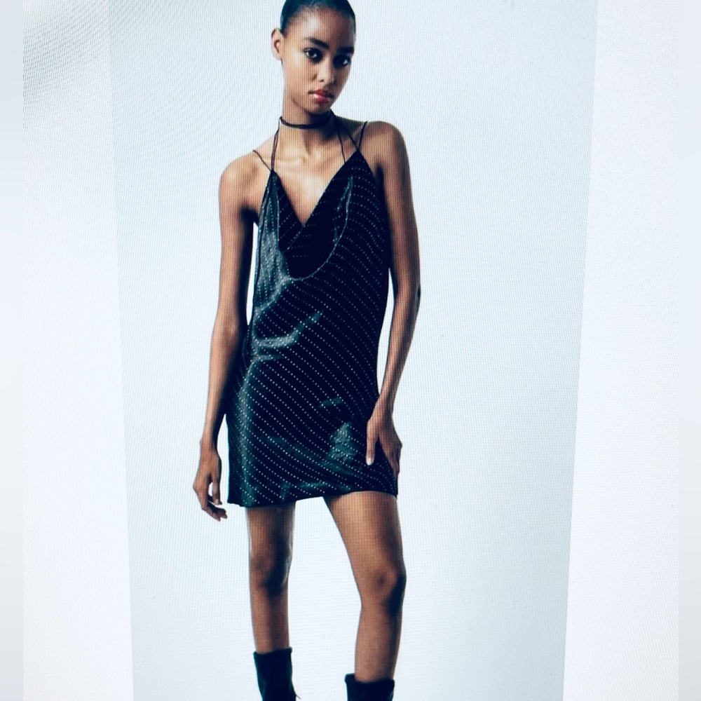 Zara satin effect mini black slip dress with rhinestone details - size XS